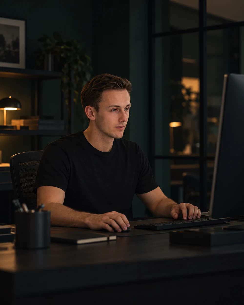 Yoritt aan het bureau in een donkere werkruimte, van boven het bureaublad gefotografeerd