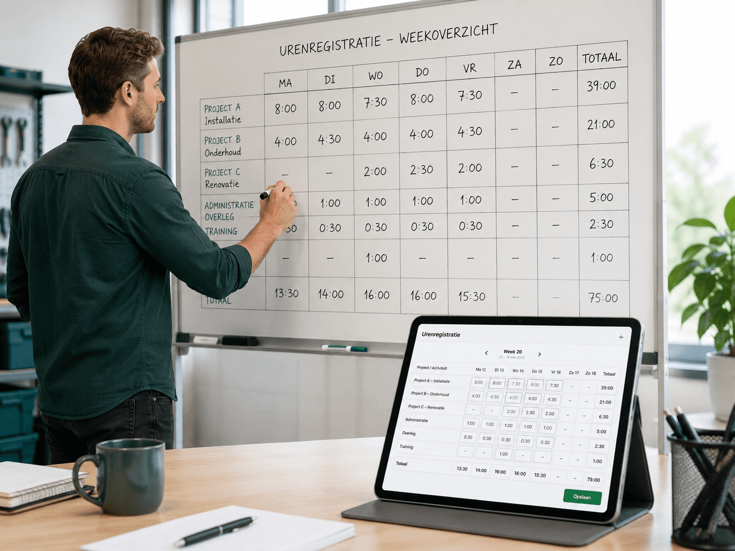 Illustratie van een digitaal hulpmiddel naast een werkoverzicht