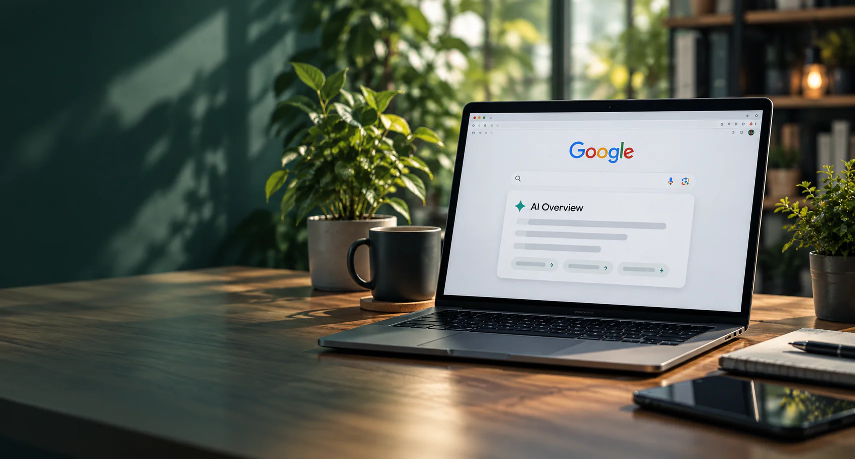 Laptop met een Google AI Overview in een groene werkruimte