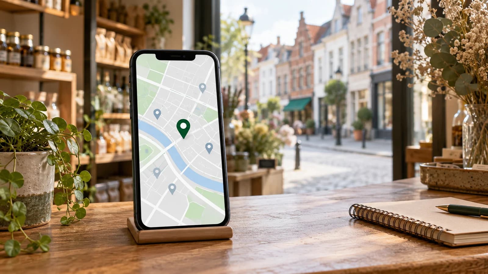 Smartphone met een kaart en locatiepinnen op de houten toonbank van een lokale zaak