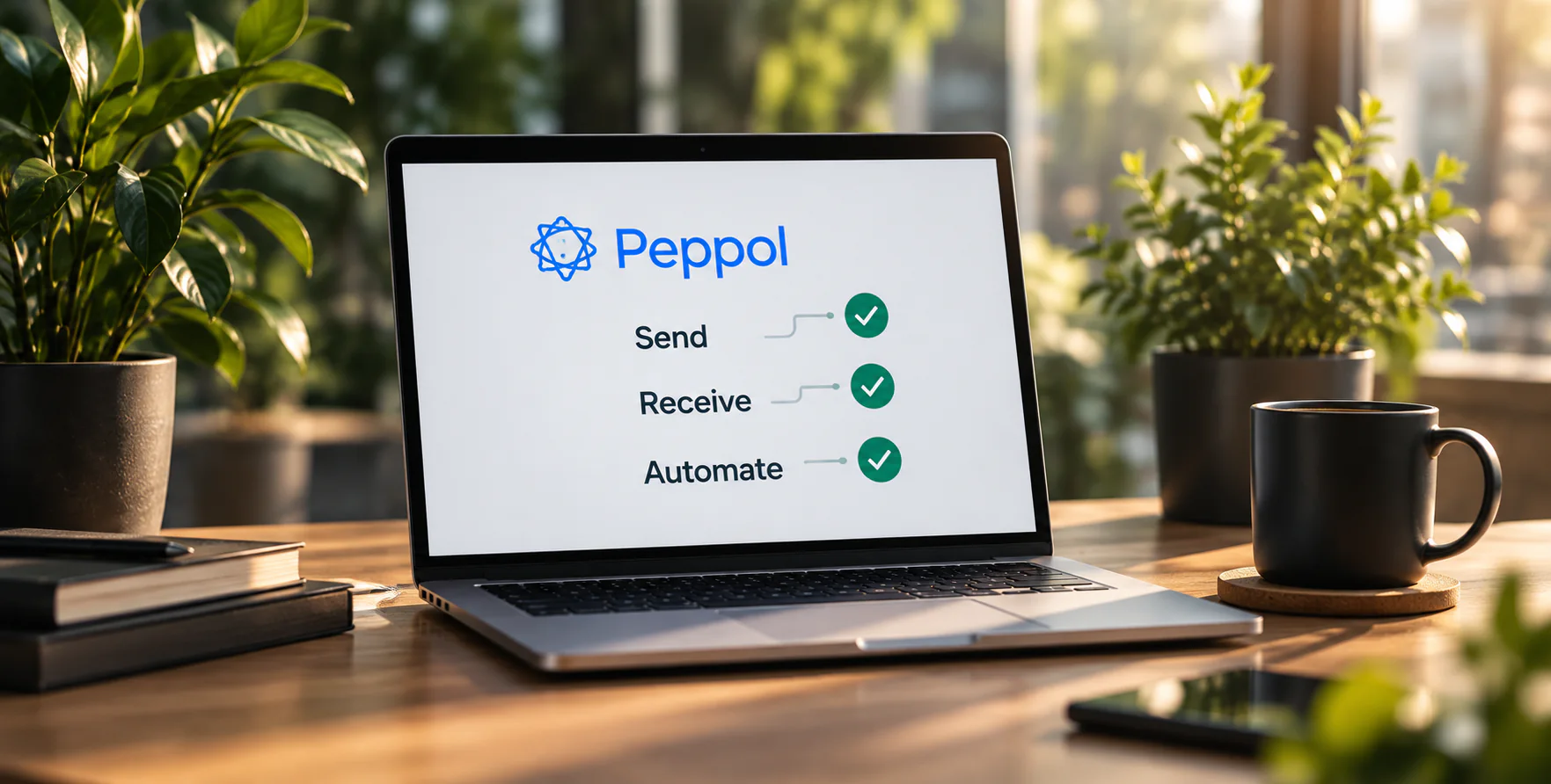 Laptop met een overzicht van verzenden, ontvangen en automatiseren via Peppol