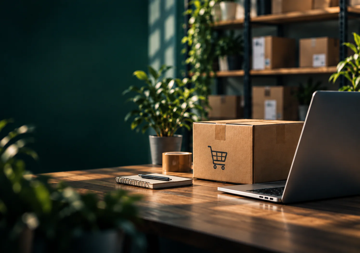 Verzenddoos naast een laptop in de werkruimte van een webshop