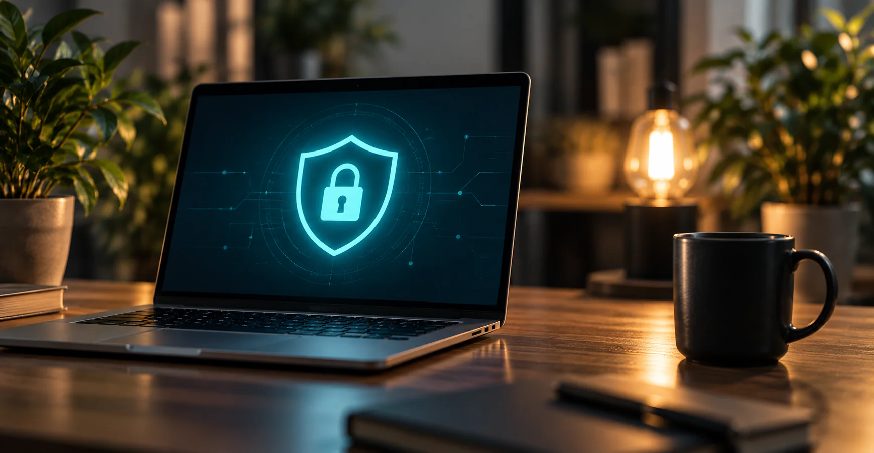 Laptop met een digitaal schild als symbool voor websitebeveiliging