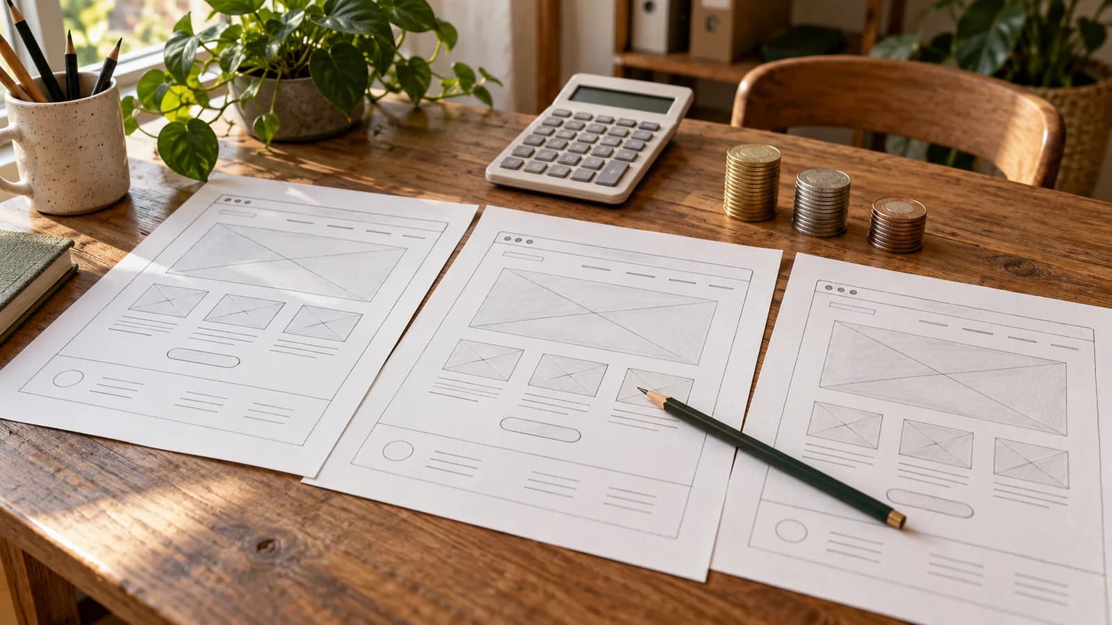 Websiteontwerpen op papier naast een rekenmachine en muntstapeltjes op een houten werktafel